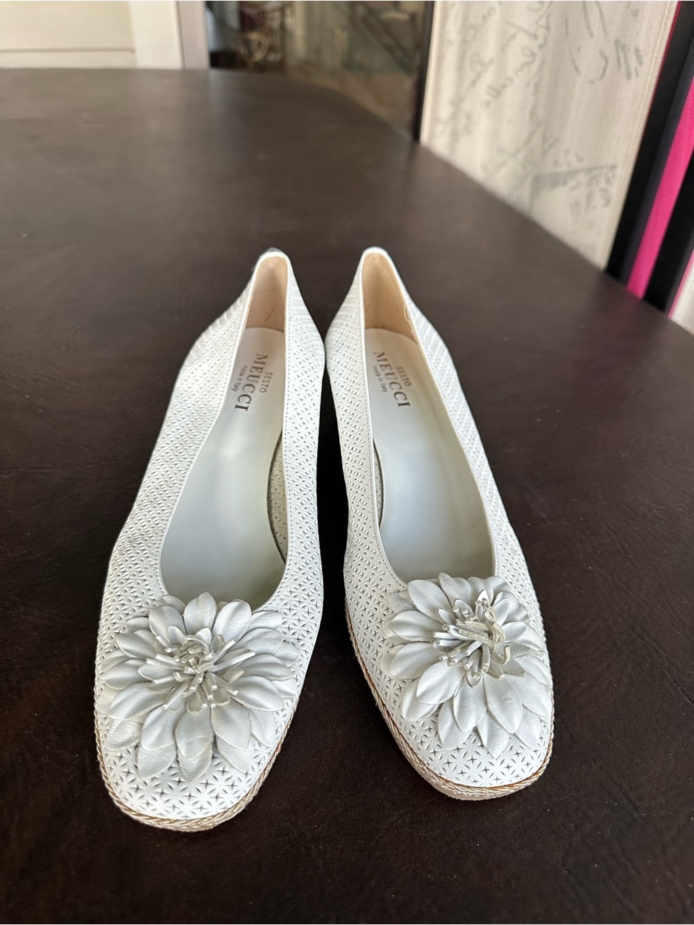 Sesto Meucci White Floral Appliqué Ballet Slight Wedge